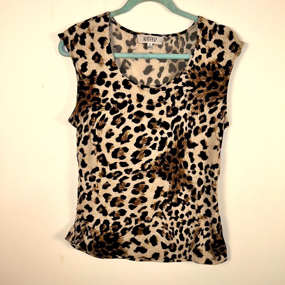 Kasper Blouse Top Womens 14 Brown Leopard Print Scoop Neck Maximalist Mob Wife